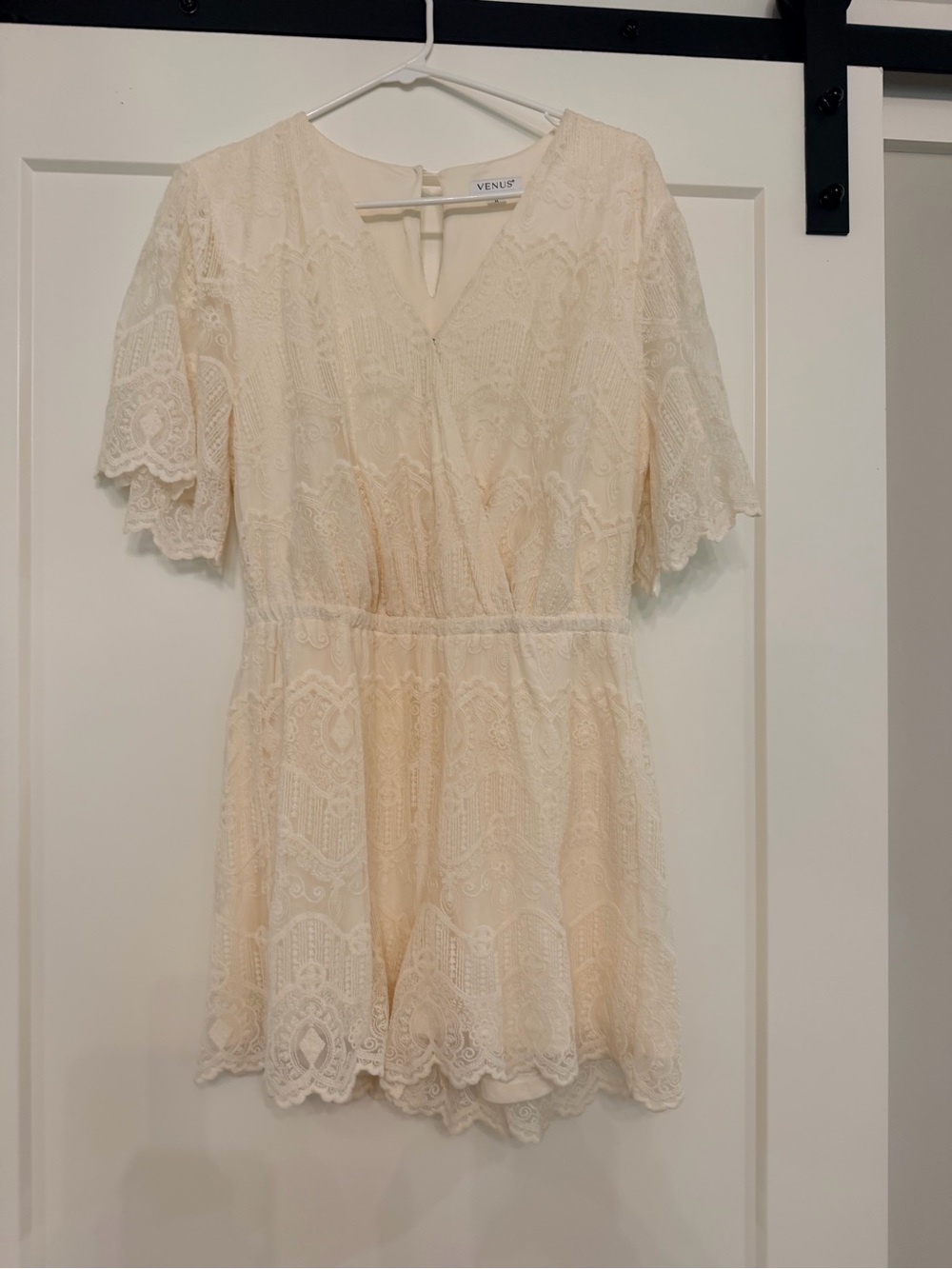 VENUS Cream Lace Wrap Romper Dress